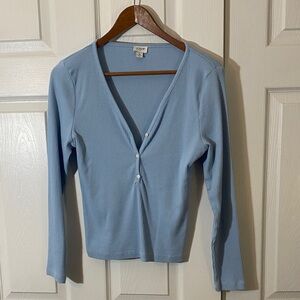 J. Crew Sky Blue Ribbed V-Neck Long Sleeve Button Top